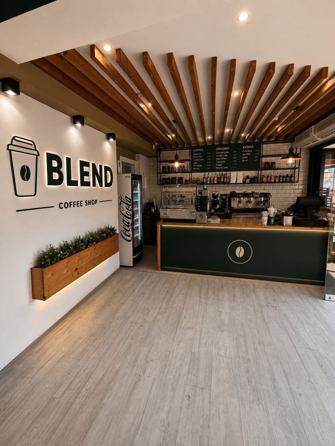 The espresso bar and counter inside Blend Coffee Shop